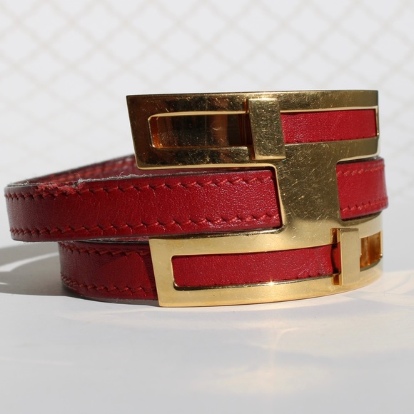 Hermès Gold Plated Pousse Pousse H slide bracelet red leather Authentic - Picture 4 of 16